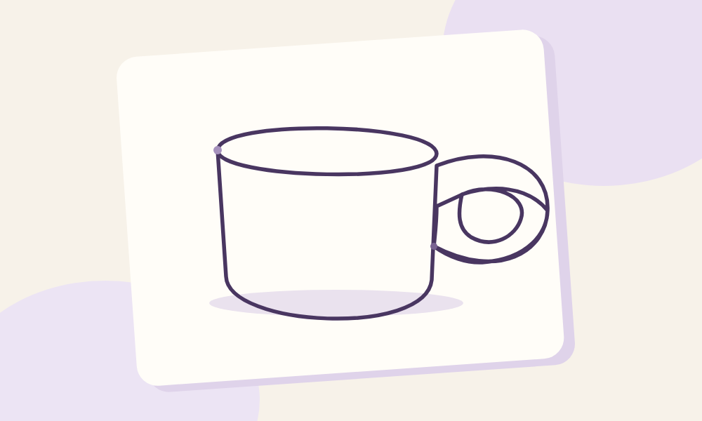 A single flowing purple line forming a mug with a handle and an overlapping rim.
