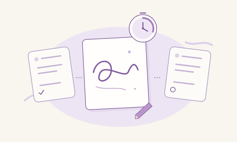 A small drawing sheet between two task cards, with a circular timer and a flowing purple line.