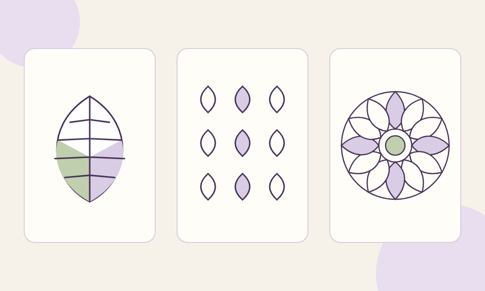 Three outlined coloring designs ranging from a simple leaf to a repeated pattern and a detailed circular design.