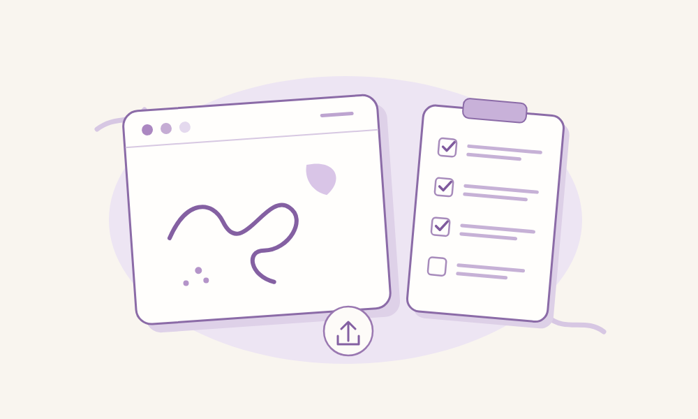 A blank drawing canvas beside a checklist of simple shapes, with purple marks and a small export arrow.